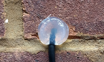 external cat5e ethernet cable going through hole in brick wall on side of house and sealed with silicon sealant
