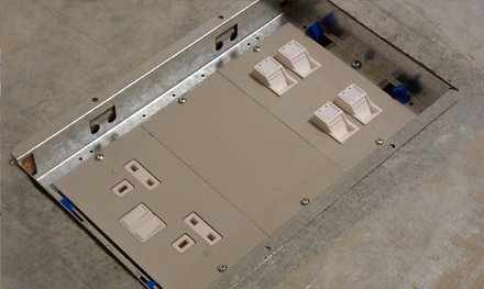 cat5e ethernet cabling terminated into network floorbox installation in hertfordshire office